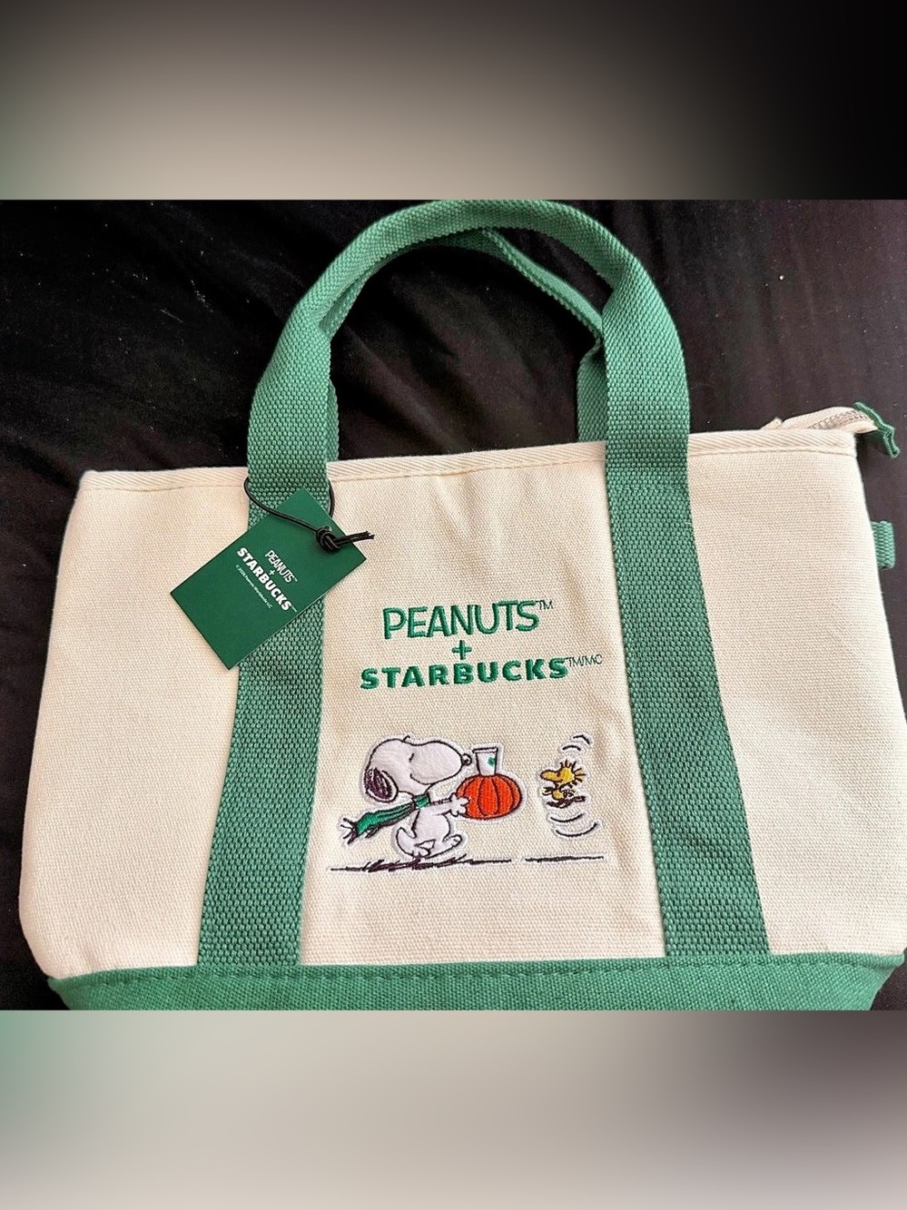 Peanuts & Starbucks collab Canvas Tote Bag in Green & Beige NWT